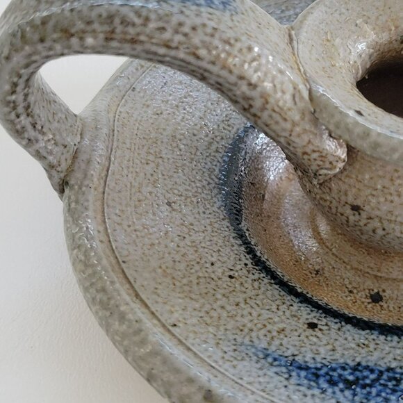 Vintage Rowe Pottery Candlestick Holder, Gray & Blue Salt Glazed Folk Art c.1982 - Picture 3 of 10